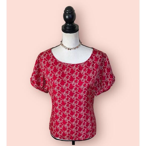 BARRIE PACE Ruby Red Tan Silk Short Sleeve Fitted Blouse Womens 18 2X Plus Top - Picture 2 of 9